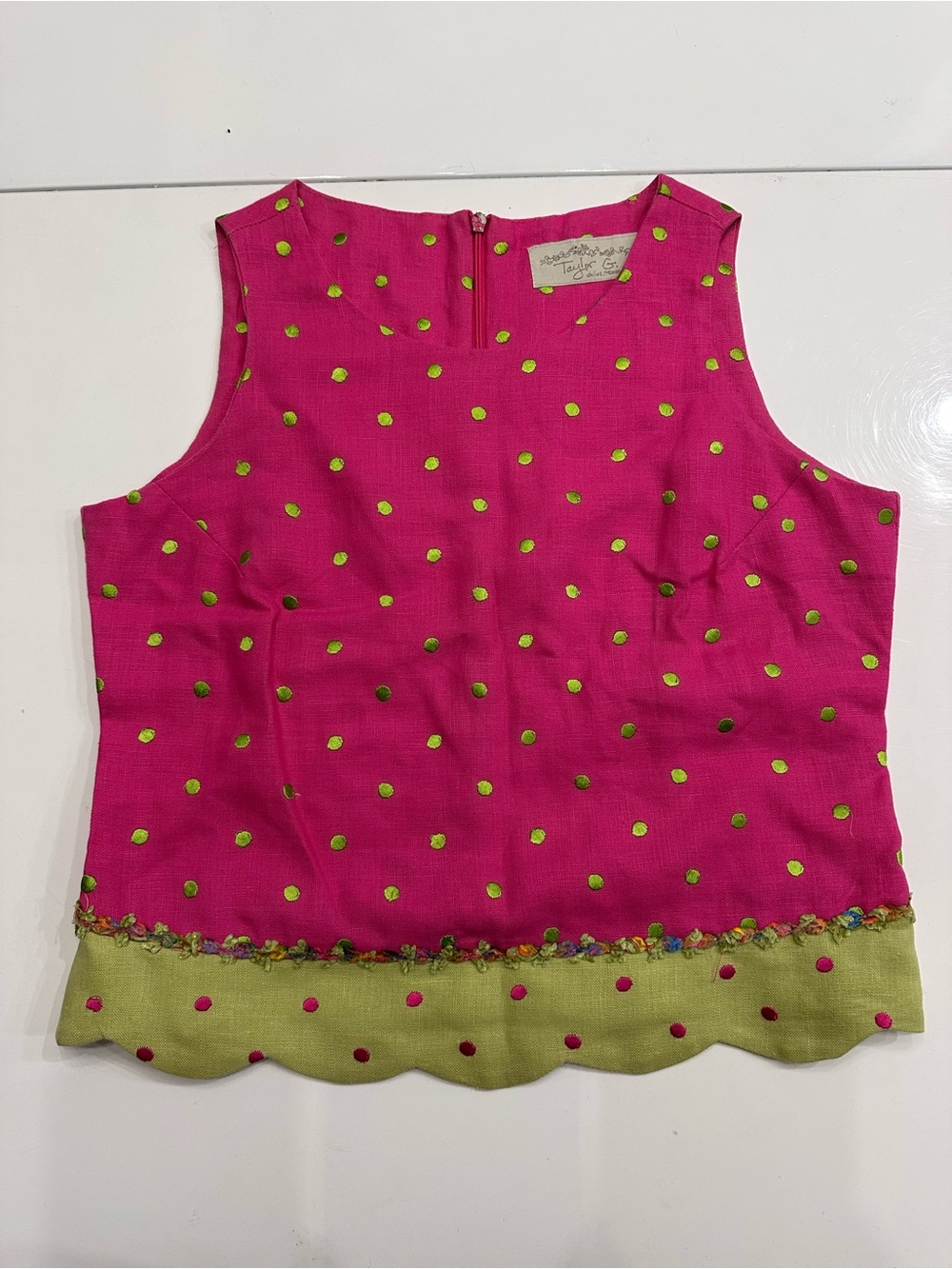 Vintage Taylor G. Pink Linen Polka Dot Scalloped Crop Top Blouse Size Small